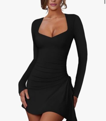 Women's Sexy Ruched Bodycon Mini Dress Mesh Long Sleeve Club Party Short Dresses