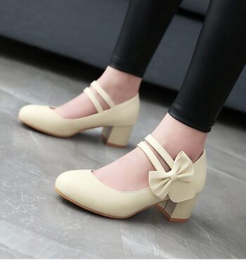Women's Bow Mary Janes Chunky Mid Heel Round Toe Double Ankle Strap Block Dress Pumps Shoes with Hook Loop
