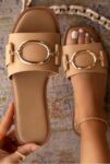 Coutgo Womens Square Toe Dressy Summer Slide Sandals Flat Low Heel Big Metal Chain Slip On Party Slippers Shoes