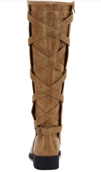 Syktkmx Womens Strappy Motorcycle Knee High Boots Winter Lace Up Riding Flat Low Heel Shoes