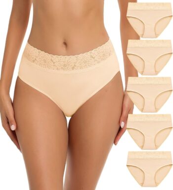 RHYFF Womens Underwear Cotton Bikini Panties Lace Soft Hipster Panty Ladies Stretch Full Briefs 5 Pack