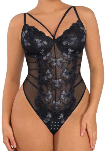 FeelinGirl Lace Shapewear Bodysuits for Women V Neck Sleeveless Tops Tummy Control Body Suits Thong Body Shaper