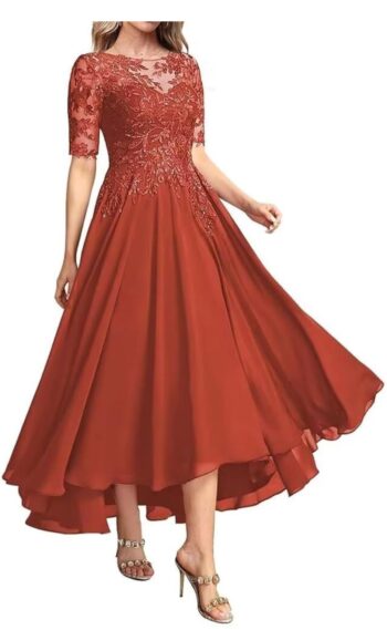 DMCDBH Women's Chiffon Lace Applique Mother of The Bride Dress Tea Length Formal Dresses with Sleeves