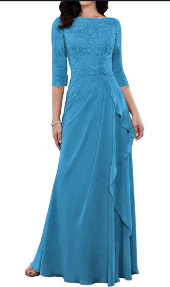 Mother of The Bride Dresses Long Evening Formal Dress 3/4 Sleeve Lace Applique Ruffles