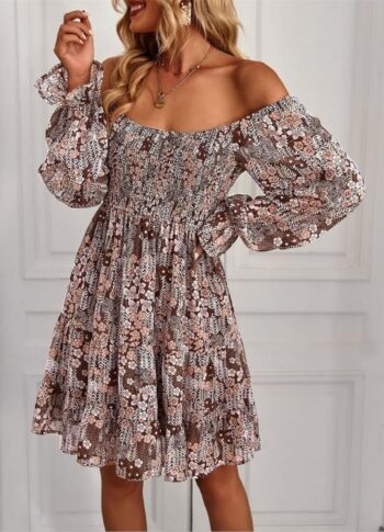 Women Off Shoulder Elastic Neck Long Sleeve Dress Bohemian Floral Print A-Line Dress Vintage Elegant Evening Dress