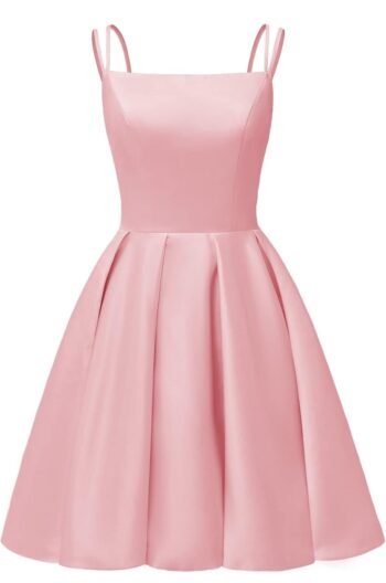 Satin Homecoming Dresses for Teens 2025 Spaghetti Straps A-line Square Neck Short Prom Dresses with Pockets