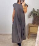 SEMATOMALA Women's Pleated Short Sleeve Maxi Dress Crewneck Loose Fit Flowy Swing Long Dress with Pockets