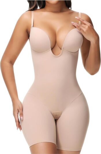 SHAPSHE Backless Shapewear Strapless Deep U Plunge Bodysuit for Women Built In Bra