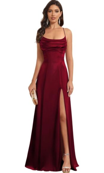 Satin Long Bridesmaid Dresses with Slit for Women Aline Corset Prom Dress PU078