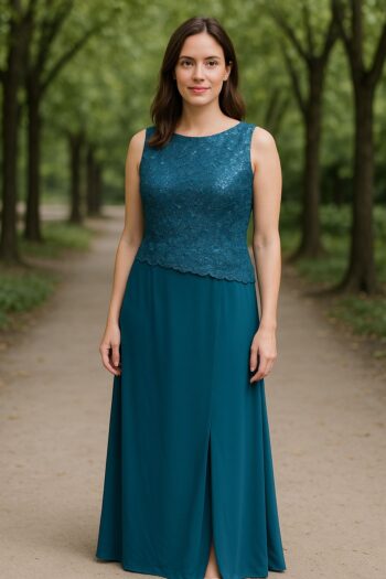 elegant floor-length teal evening gown, designed with a sleeveless sequined lace bodice that adds a touch of shimmer and texture.