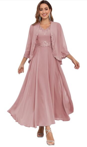 OFEECHUN Women's 2 Piece Mother of The Bride Dresses with Jacket Lace Chiffon Ankle Length Formal Wedding Guest Gown