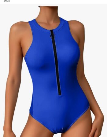 Women Athletic One Piece Swimsuit Zipper Racerback Mock Neck Full Coverage Rash Guard Bathing Suit 80s 90s