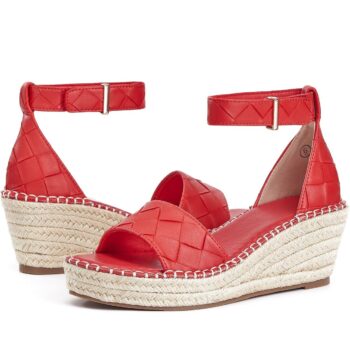 Women’s Open Toe Ankle Strap Espadrille Wedge Sandals, Red