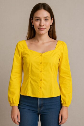Bright yellow long sleeve blouse with a square neckline, button-down front, and elastic cuffs for a fitted look.