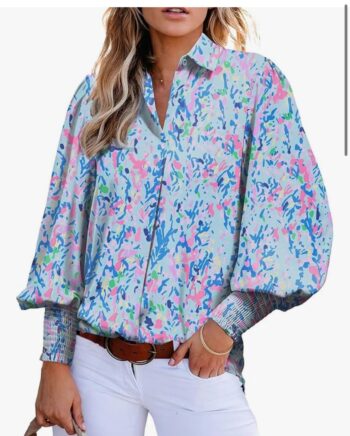 Astylish Women Loose V-Neck Shirts Paisley Print Lantern Sleeve Blouse Tops