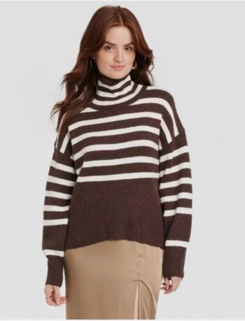 Women's Mock Turtleneck Pullover Sweater - A New Day Brown Striped