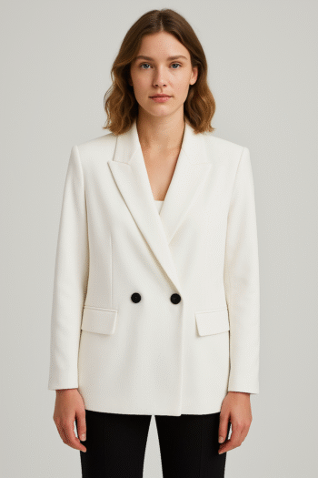 Women Double Breasted Loose Fitting Blazer Coat Vintage Long Sleeve Pockets Outerwear white