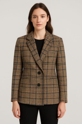 women’s tailored plaid blazer featuring a structured, classic silhouette. The fabric showcases a mix of brown, black, and beige