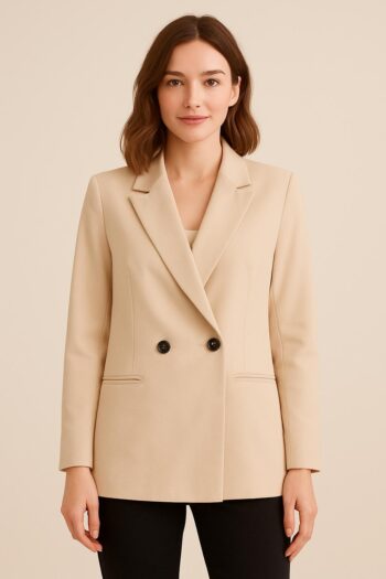Beige double-breasted blazer with two buttons, worn by a young woman for a smart, elegant look.