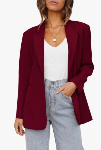 Cicy Bell Women's Casual Loose Blazers Two Button Closure Lapel Business Work Office Blazer Jackets Wine Red