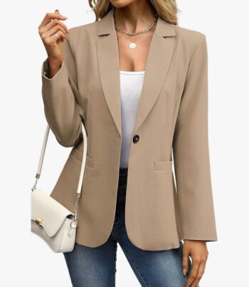 Women's Blazer Business Casual Lightweight Suit - Long Sleeve Slim Fit Work Office Jacket with Pockets Dark Khaki