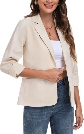 Womens Linen Blazer Long Sleeve Lightweight Work Office Jackets Casual Summer Lapel Button Blazers with Pockets