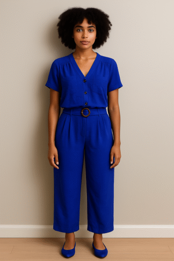 2-piece royal blue set featuring a short-sleeve button-up top with a V-neckline and front pockets