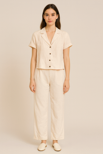 two-piece set with a cropped button-up shirt