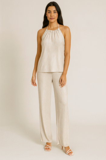 Cream ribbed two-piece set featuring