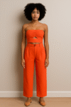 2-piece set in bold orange. The top is a strapless bandeau