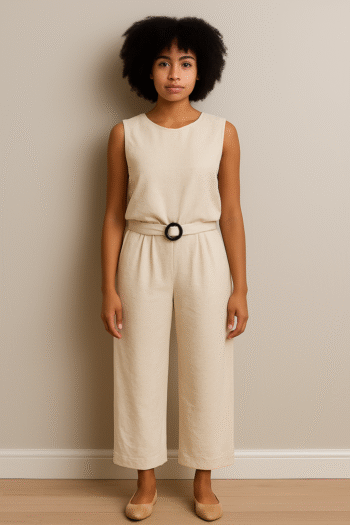 2-piece beige set featuring a sleeveless top paired with high-waisted wide-leg pants.