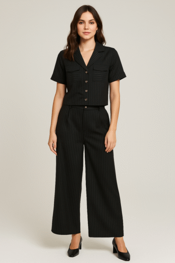 A sleek black pinstriped two-piece outfit featuring a short-sleeve button-up top