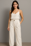 2-piece cream set featuring a spaghetti strap V-neck camisole paired with high-waisted