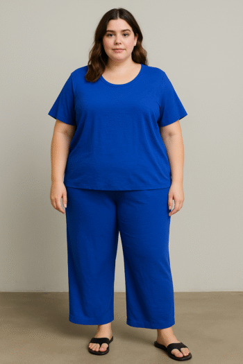 2-piece royal blue set featuring a relaxed-fit short-sleeve top paired with wide-leg pants,