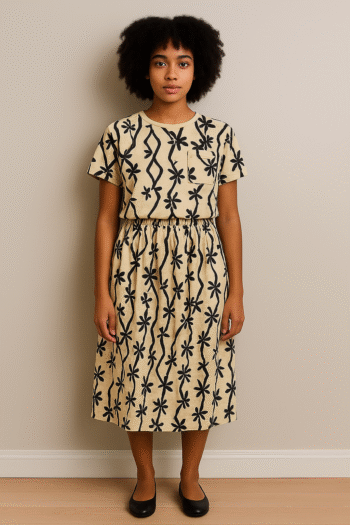 two-piece matching set in beige with bold black floral and vine prints.